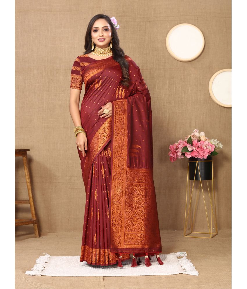     			OFLINE SELCTION , INDIA Silk Blend Self Design Saree With Blouse Piece - Maroon ( Pack of 1 )