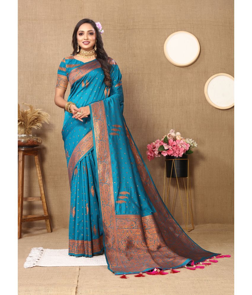     			OFLINE SELCTION , INDIA Silk Blend Self Design Saree With Blouse Piece - SkyBlue ( Pack of 1 )