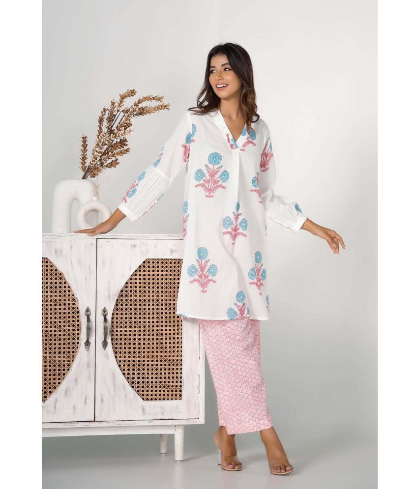     			THE FAB FACTORY Cotton Blend Printed Kurti With Pants Women's Stitched Salwar Suit - Pink ( Pack of 1 )
