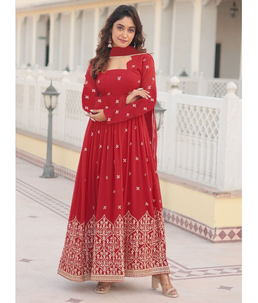     			Trijal Fab Red Anarkali Georgette Women's Stitched Ethnic Gown ( Pack of 1 )