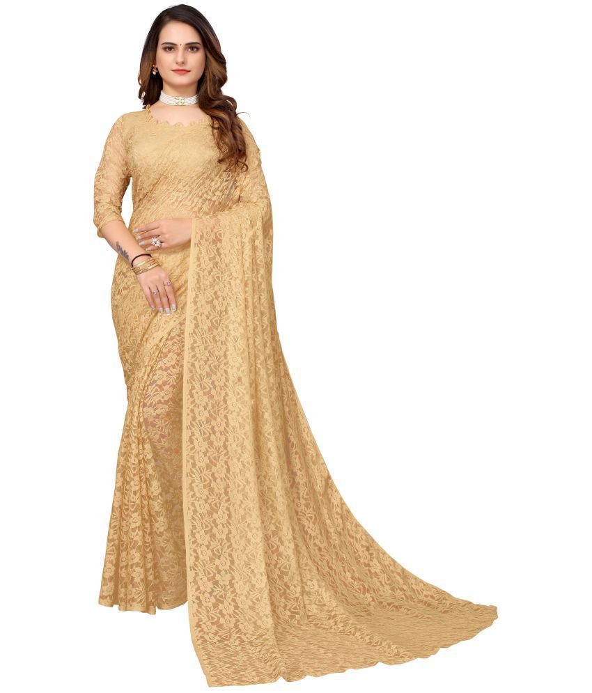     			Vkaran Net Cut Outs Saree With Blouse Piece - Beige ( Pack of 1 )