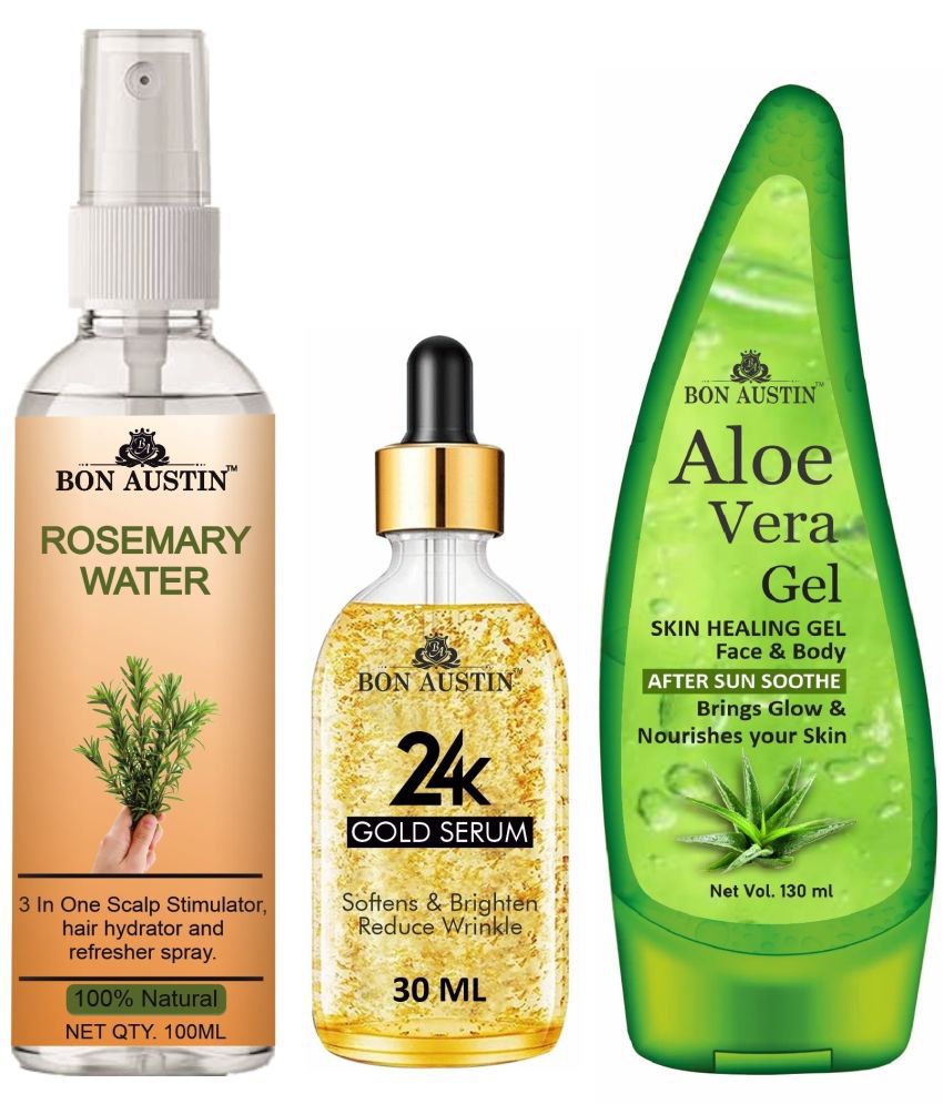     			Bon Austin Natural Rosemary Water | Hair Spray For Regrowth | Hair Growth Expert (100ml), 24K Gold Serum 30ML & Aloe Vera Face Gel 130ML - Set of 3 Items