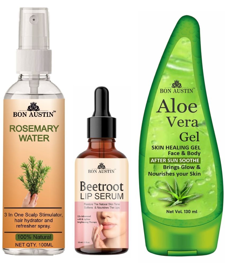     			Bon Austin Natural Rosemary Water | Hair Spray For Regrowth | Hair Growth Expert (100ml), Beetroot Lip Serum 30ML & Aloe Vera Face Gel 130ML - Set of 3 Items