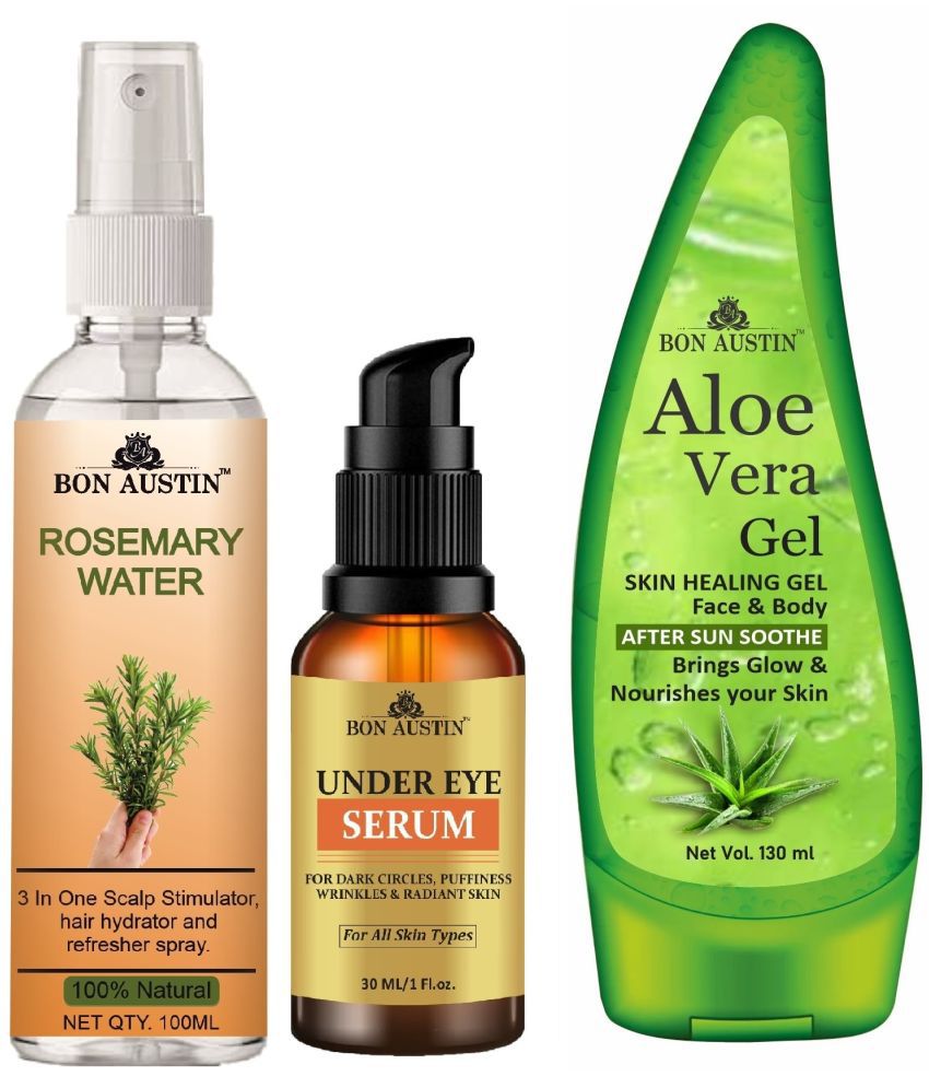     			Bon Austin Natural Rosemary Water | Hair Spray For Regrowth | Hair Growth Expert (100ml), Under Eye Serum 30ML & Aloe Vera Face Gel 130ML - Set of 3 Items