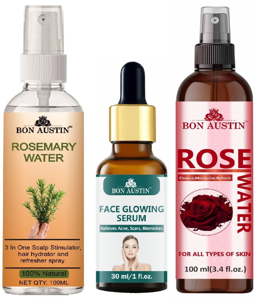     			Bon Austin Natural Rosemary Water | Hair Spray For Regrowth (100ml), Face Glowing Serum 30ML & Natural Rose Water 100ml - Set of 3 Items