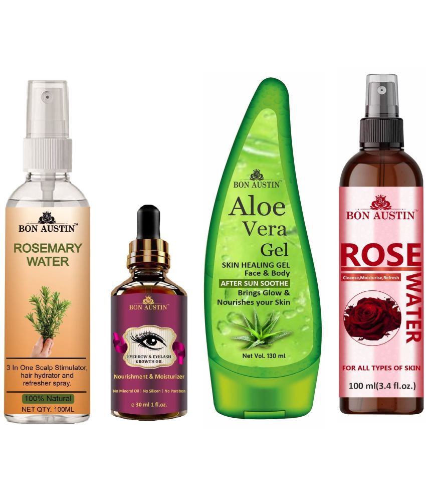     			Bon Austin Rosemary Water Hair Spray For Regrowth (100ml), Eyebrow and Eyelash Growth Oil 30ML, Aloe Vera Face Gel 130ML& Natural Rose Water 100ml - Set of 4 Items