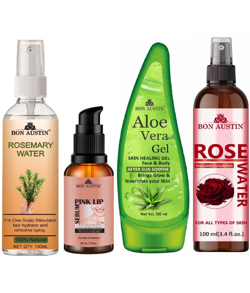     			Bon Austin Rosemary Water Hair Spray For Regrowth (100ml), Pink Lip Serum 30ML, Aloe Vera Face Gel 130ML & Natural Rose Water 100ml - Set of 4 Items