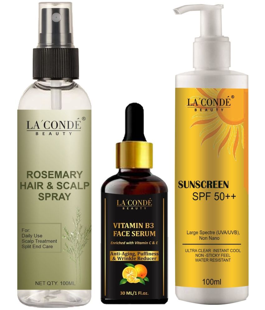     			La'Conde Beauty Rosemary Water | Hair Spray For Regrowth 100ml, Vitamin B3 Face Serum 30ml & Sunscreen Cream with SPF50+ 100ml - Combo of 3