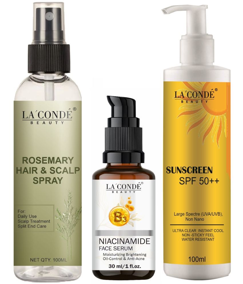     			La'Conde Beauty Rosemary Water | Hair Spray For Regrowth 100ml, Niacinamide Face Serum 30ml & Sunscreen Cream with SPF50+ 100ml - Combo of 3