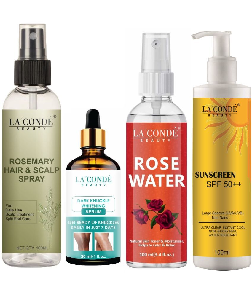     			La'Conde Beauty Rosemary Water | Hair Spray For Regrowth 100ml, Dark Knuckle Skin Whitening Serum 30ml, Natural Rose Water 100ml & Sunscreen Cream with SPF50+ 100ml - Combo of 4