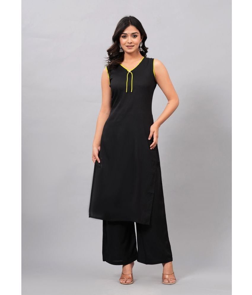     			Maquien Rayon Solid Kurti With Palazzo Women's Stitched Salwar Suit - Black ( Pack of 1 )