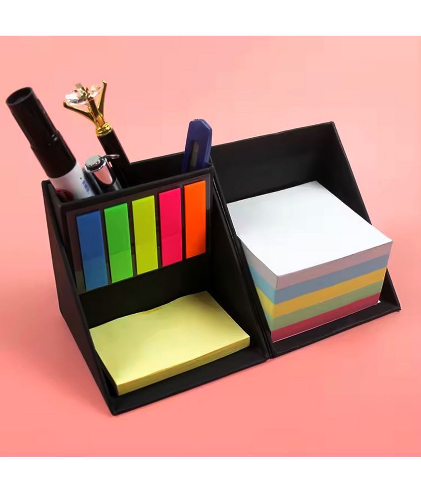     			UJJi Multi-Purpose Stationery Cube, 5 Layers Sticky Note Holder with Pen, Pencil Tray, Colorful Posters, Black