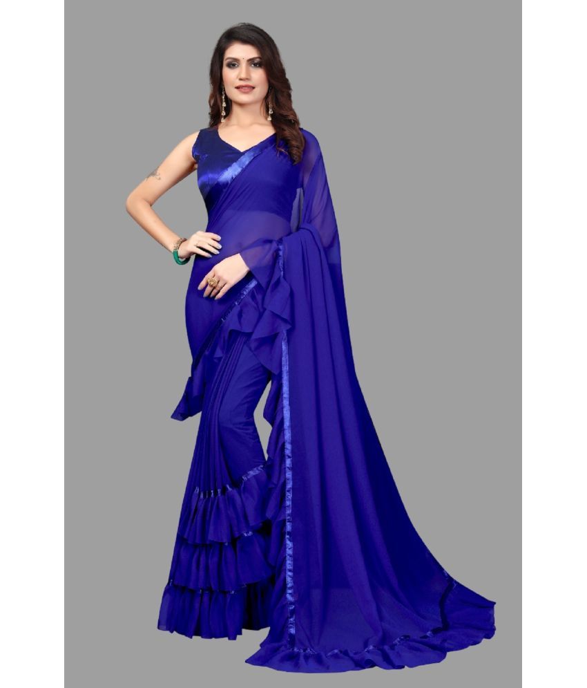     			A TO Z CART Georgette Solid Saree With Blouse Piece - Blue ( Pack of 1 )