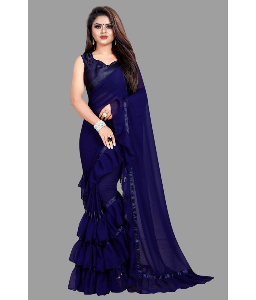     			Aika Georgette Solid Saree With Blouse Piece - Navy Blue ( Pack of 1 )