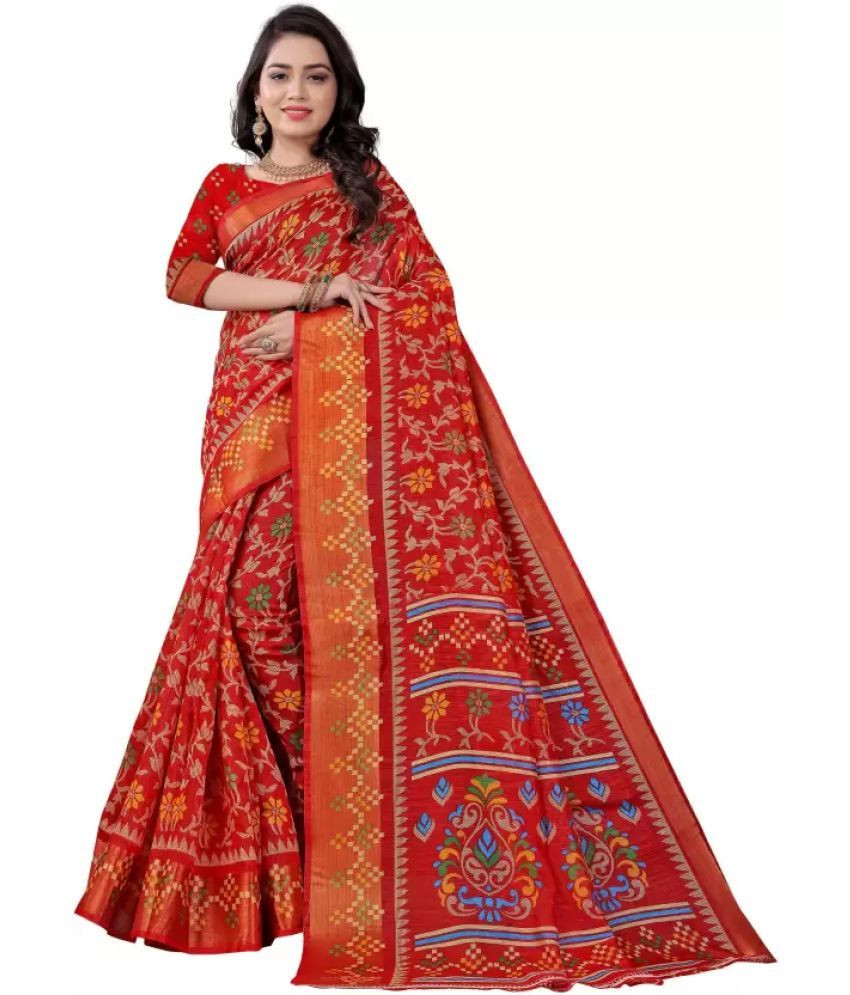     			Vkaran Cotton Silk Printed Saree With Blouse Piece - Red ( Pack of 1 )