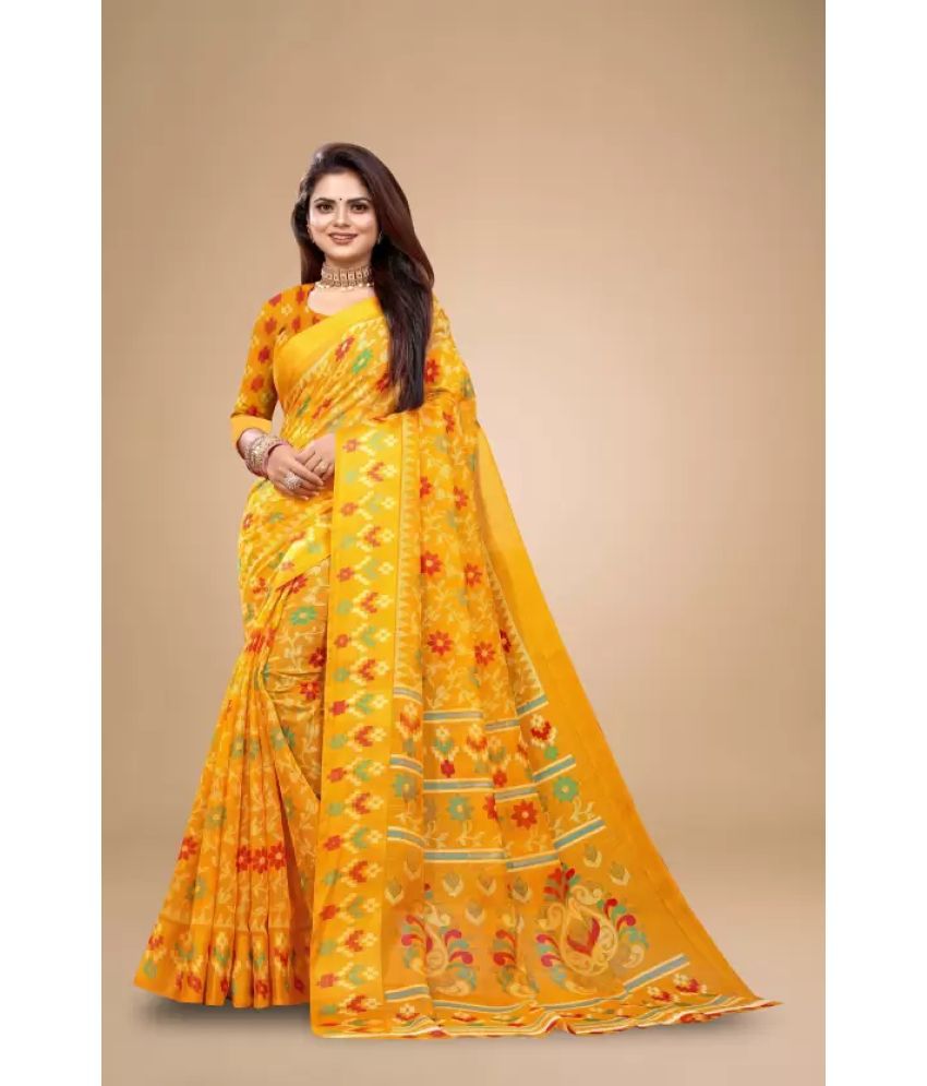     			Vkaran Cotton Silk Printed Saree With Blouse Piece - Yellow ( Pack of 1 )