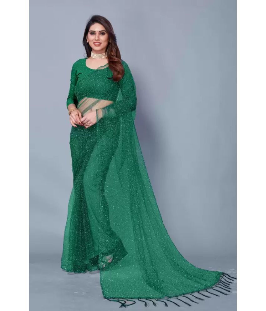     			Vkaran Net Solid Saree Without Blouse Piece - Green ( Pack of 1 )