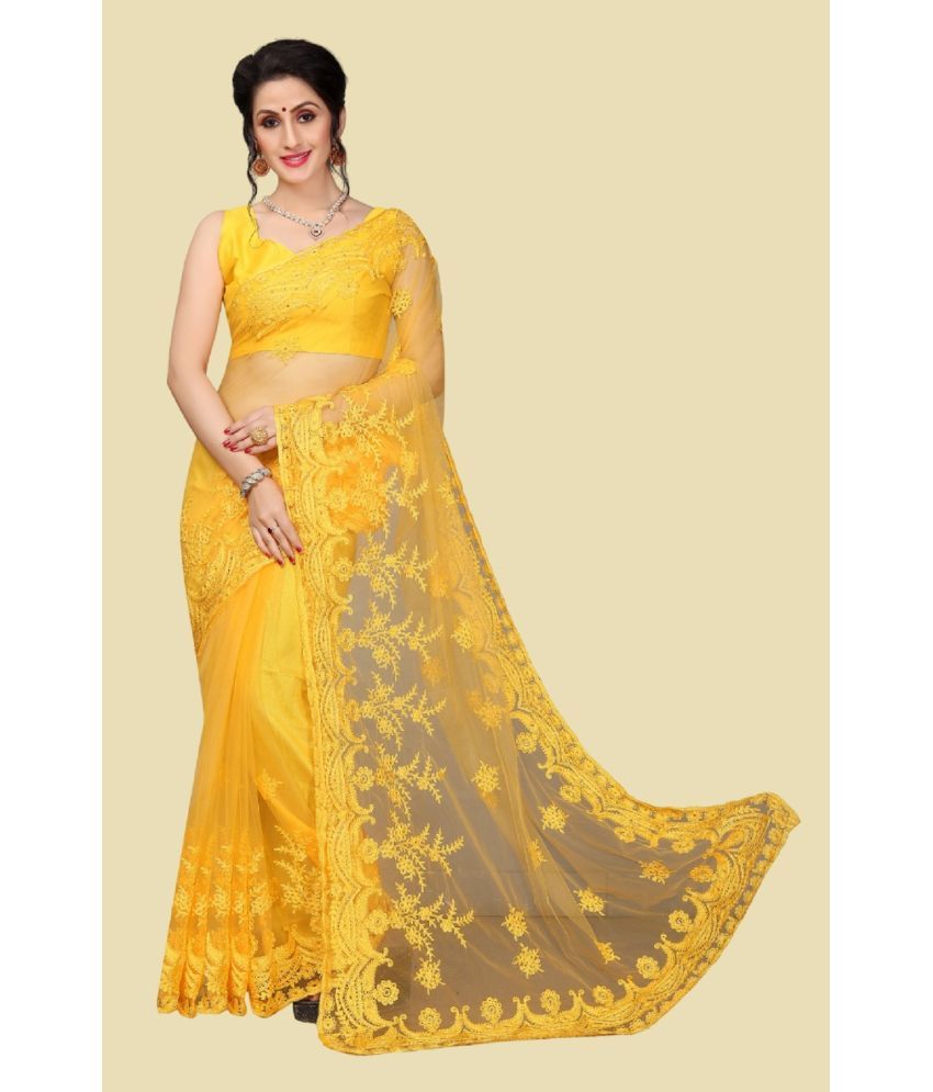     			Aika Net Embroidered Saree With Blouse Piece - Yellow ( Pack of 1 )