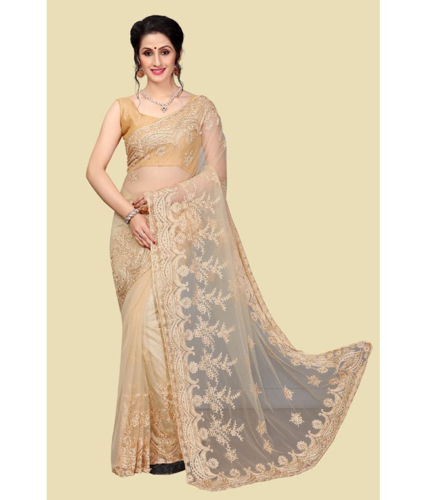     			Aika Net Embroidered Saree With Blouse Piece - Cream ( Pack of 1 )