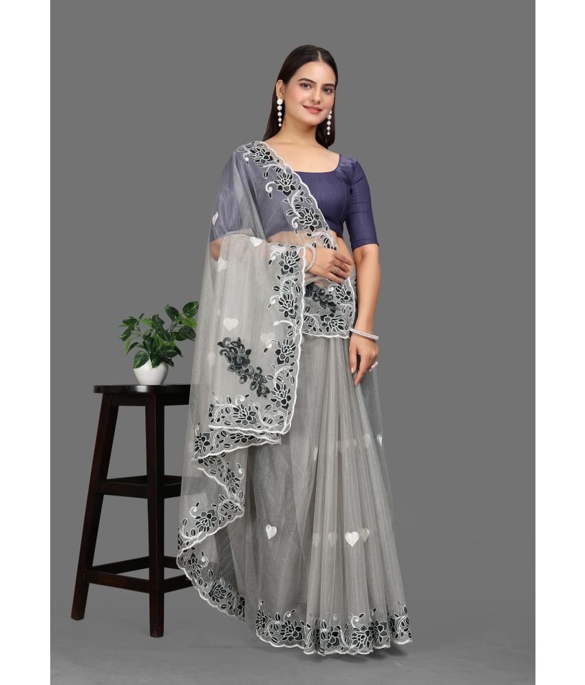     			Apnisha Net Embroidered Saree With Blouse Piece - Grey ( Pack of 1 )