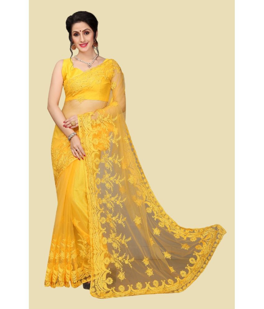     			Apnisha Net Embroidered Saree With Blouse Piece - Yellow ( Pack of 1 )