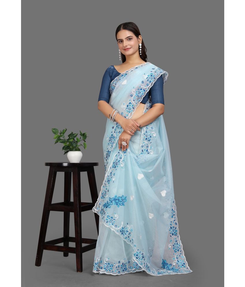     			Apnisha Net Embroidered Saree With Blouse Piece - SkyBlue ( Pack of 1 )