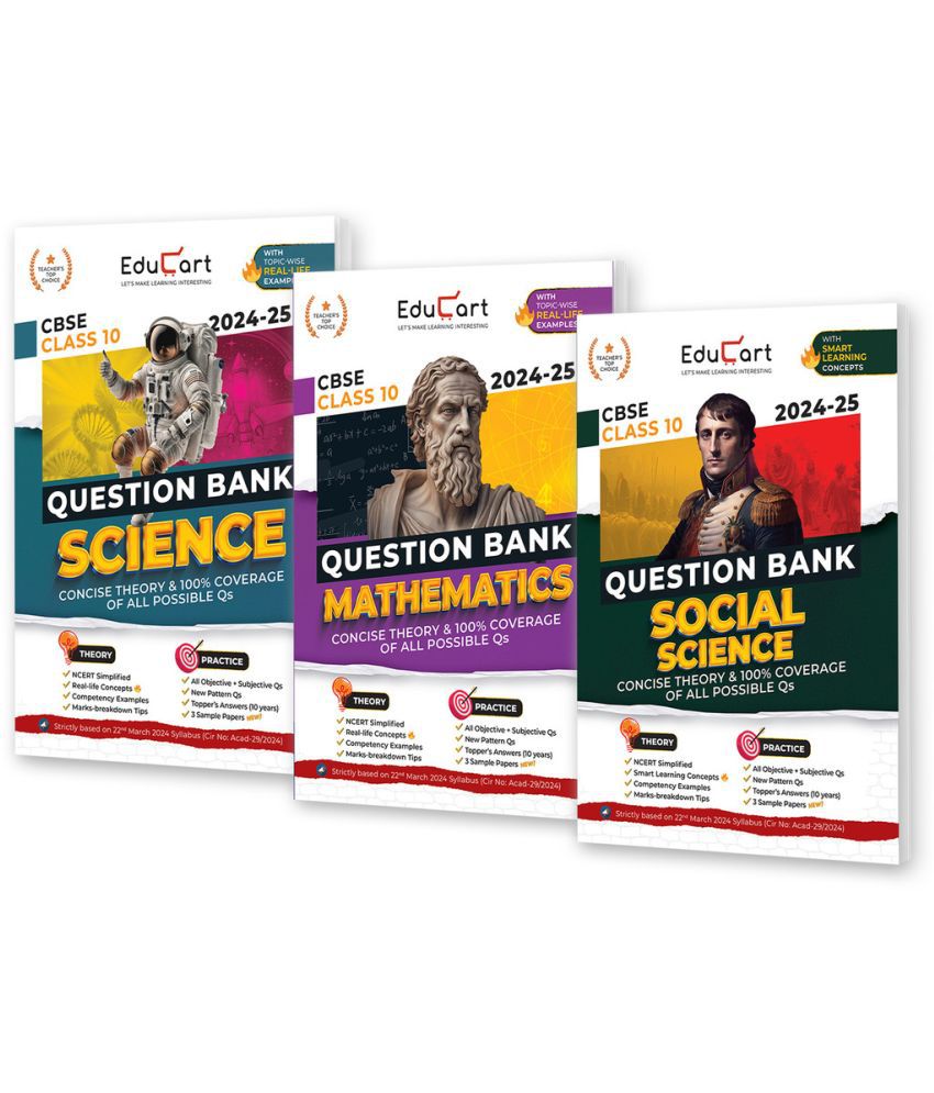     			Educart CBSE Class 10 Question Bank Science, Mathematics & Social Science 2024-25 Bundle (Set of 3 Books) For 2025 Board Exams (As per latest CBSE Syl