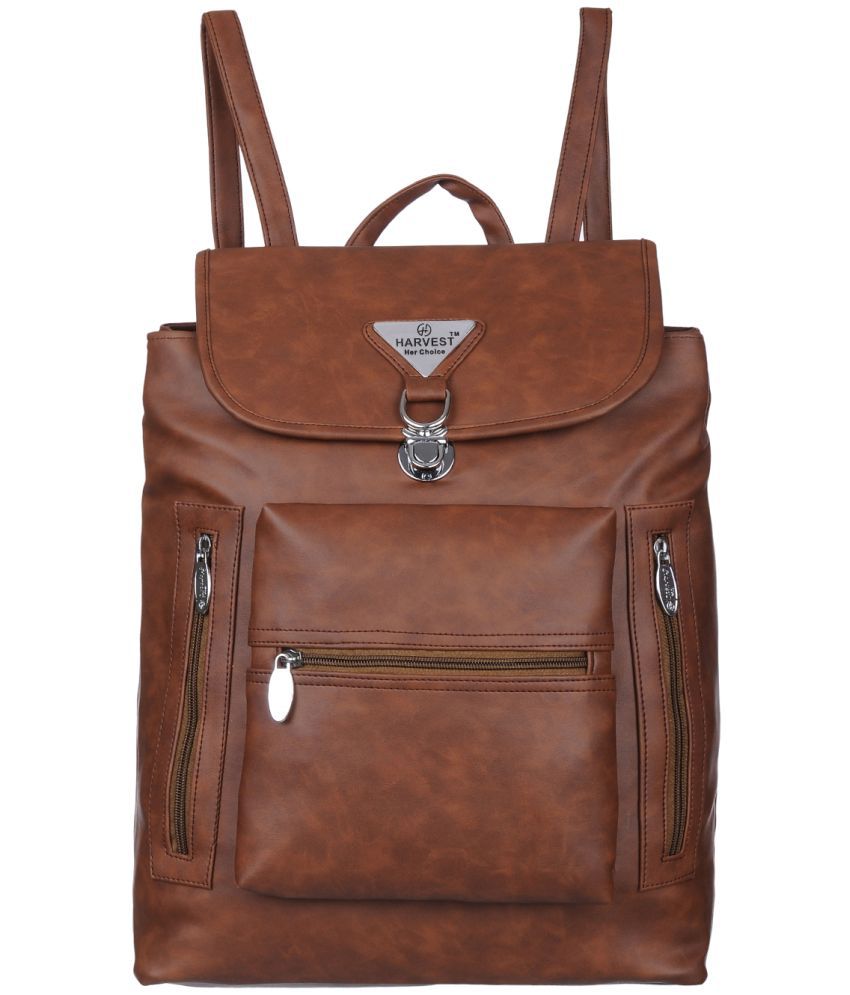     			HARVEST BAGS Tan Faux Leather Backpack