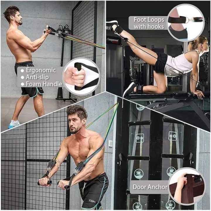     			Resistance Bands set helps you to achieve Multiple number of training exercises by simply changing your body position and by following the workout chart in order to change the tension on your muscles