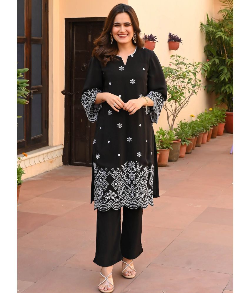     			Trijal Fab Rayon Embroidered Kurti With Pants Women's Stitched Salwar Suit - Black ( Pack of 1 )