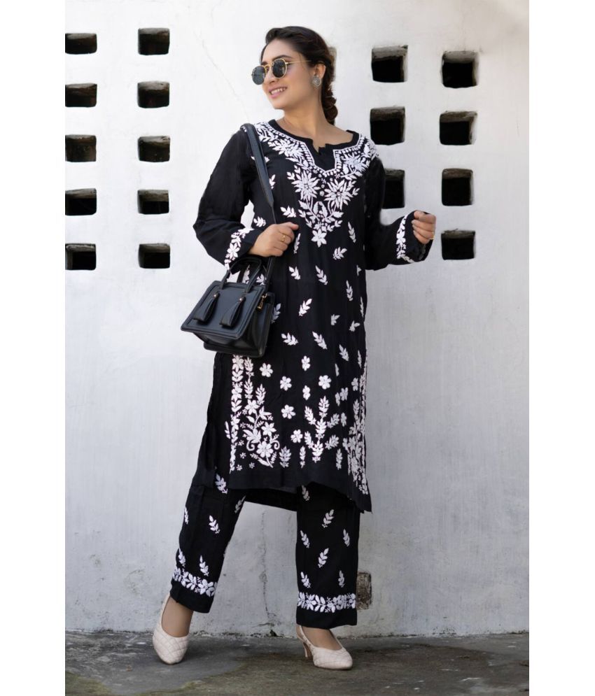     			Trijal Fab Rayon Embroidered Kurti With Pants Women's Stitched Salwar Suit - Black ( Pack of 1 )