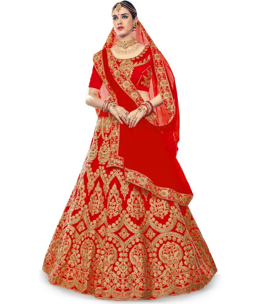     			Trijal Fab Red Silk Blends Circular Semi Stitched Lehenga