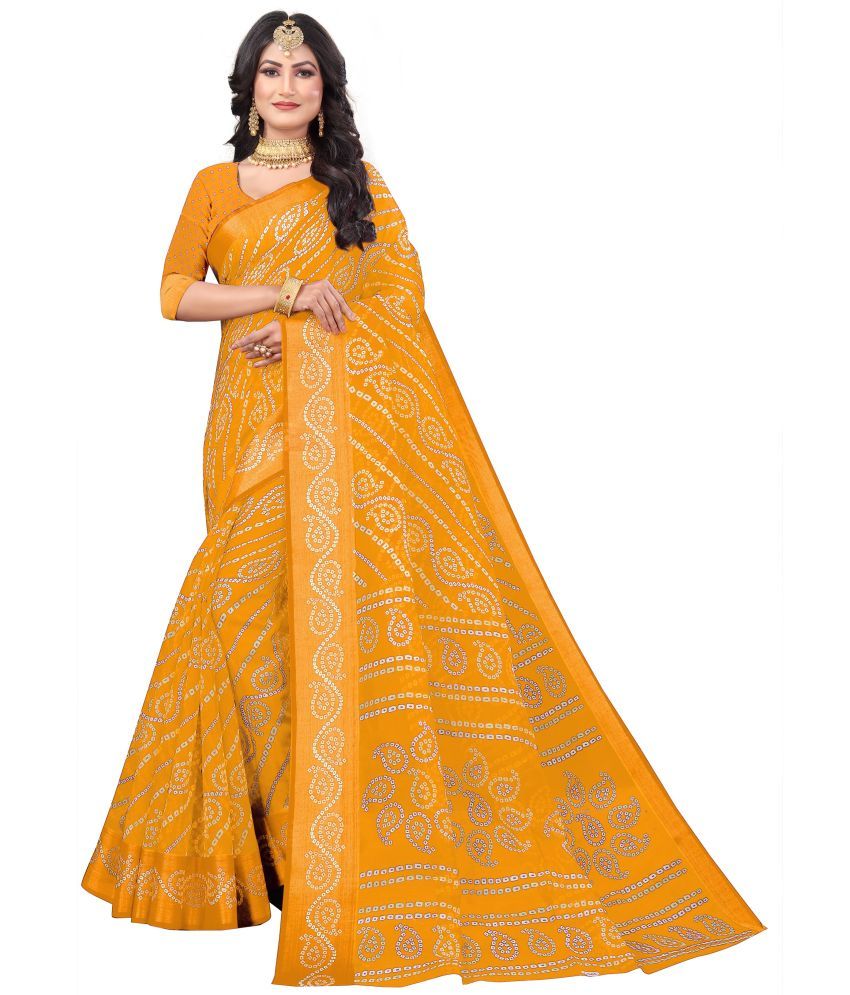     			Vkaran Cotton Silk Printed Saree With Blouse Piece - Yellow ( Pack of 1 )