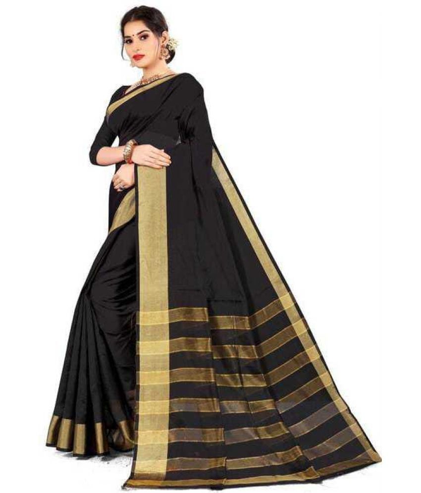     			Vkaran Cotton Silk Solid Saree With Blouse Piece - Black ( Pack of 1 )