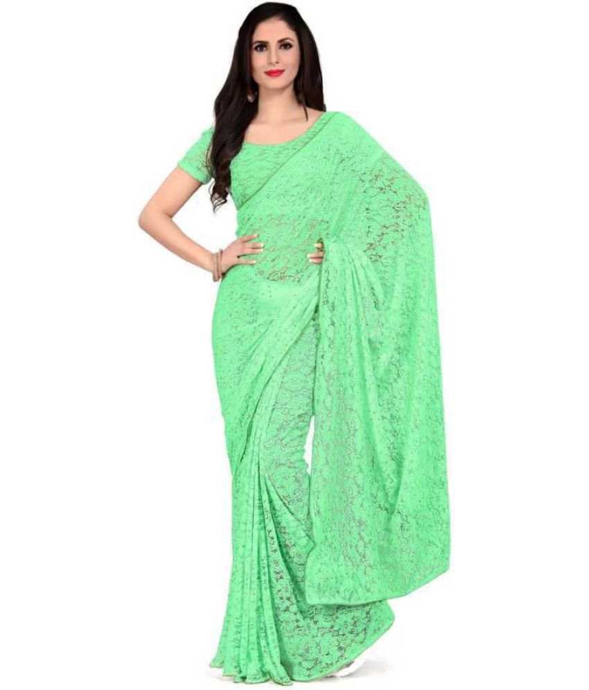     			Vkaran Net Cut Outs Saree Without Blouse Piece - Green ( Pack of 1 )
