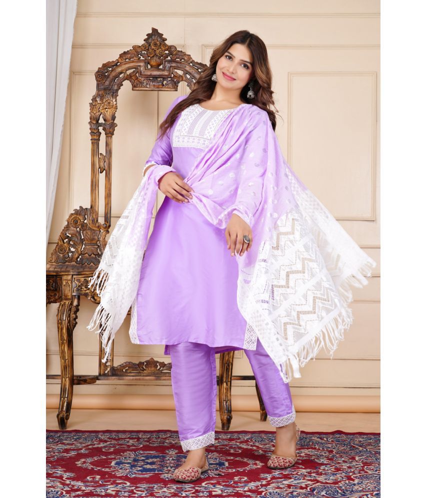     			EXPORTHOUSE Silk Embroidered Kurti With Pants Women's Stitched Salwar Suit - Lavender ( Pack of 1 )