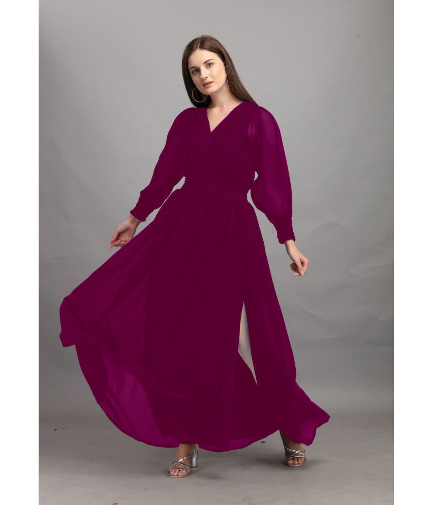     			Krunal Raiyani Georgette Solid Full Length Women's Peplum Dress - Purple ( Pack of 1 )
