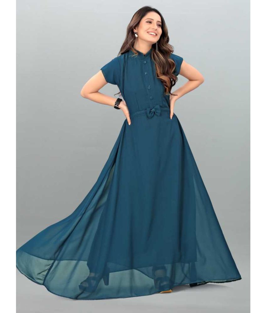     			Krunal Raiyani Georgette Solid Full Length Women's Fit & Flare Dress - Blue ( Pack of 1 )