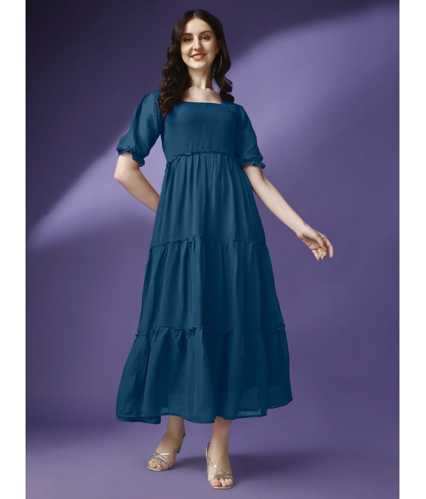     			Krunal Raiyani Georgette Solid Midi Women's Fit & Flare Dress - Blue ( Pack of 1 )