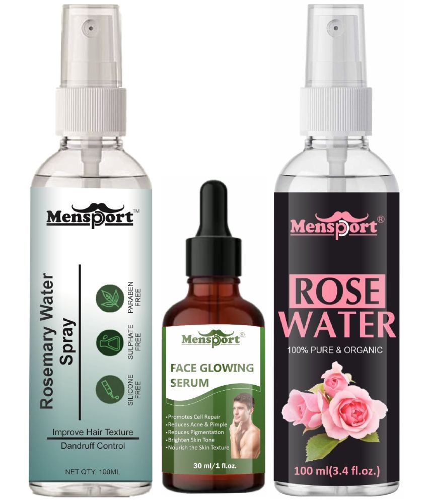     			Mensport Rosemary Water | Hair Spray For Hair Regrowth 100ml, Face Glowing Serum (Nourish the Skin Texture) 30ml & Natural Rose Water 100ml - Set of 3 Items