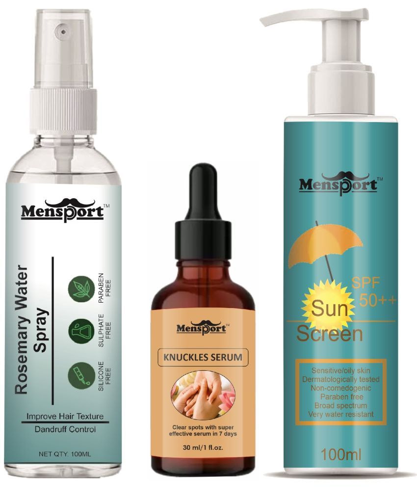     			Mensport Rosemary Water | Hair Spray For Hair Regrowth 100ml, Knuckles Skin Serum (Effective in 7 Days) 30ml & Sunscreen Cream with SPF 50++ 100ml - Set of 3 Items