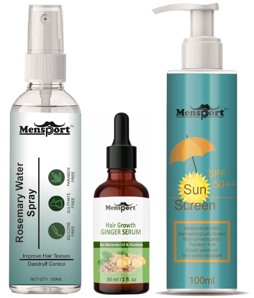    			Mensport Rosemary Water | Hair Spray For Hair Regrowth 100ml, Hair Growth Ginger Serum 30ml & Sunscreen Cream with SPF 50++ 100ml - Set of 3 Items