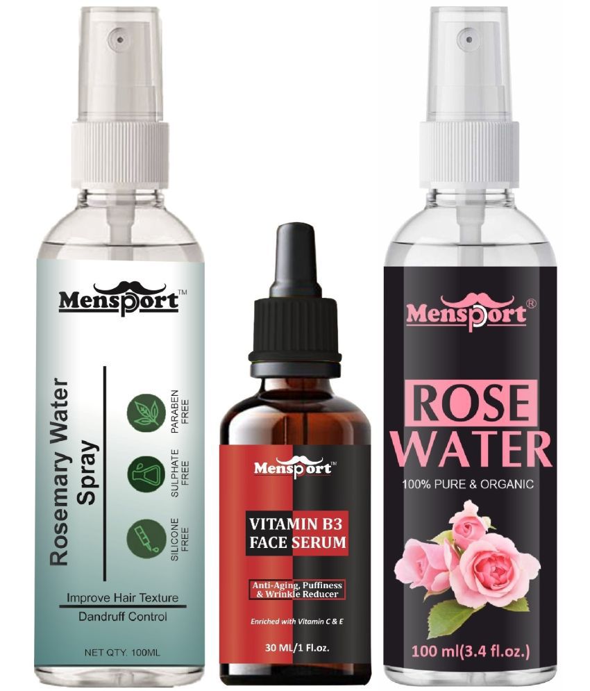     			Mensport Rosemary Water | Hair Spray For Hair Regrowth 100ml, Vitamin B3 Face Serum Enriched with Vit C & E 30ml & Natural Rose Water 100ml - Set of 3 Items