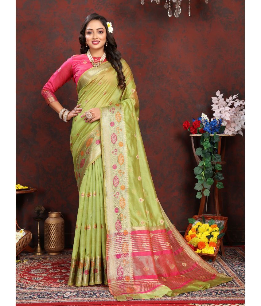     			OFLINE SELCTION Organza Woven Saree With Blouse Piece - Green ( Pack of 1 )