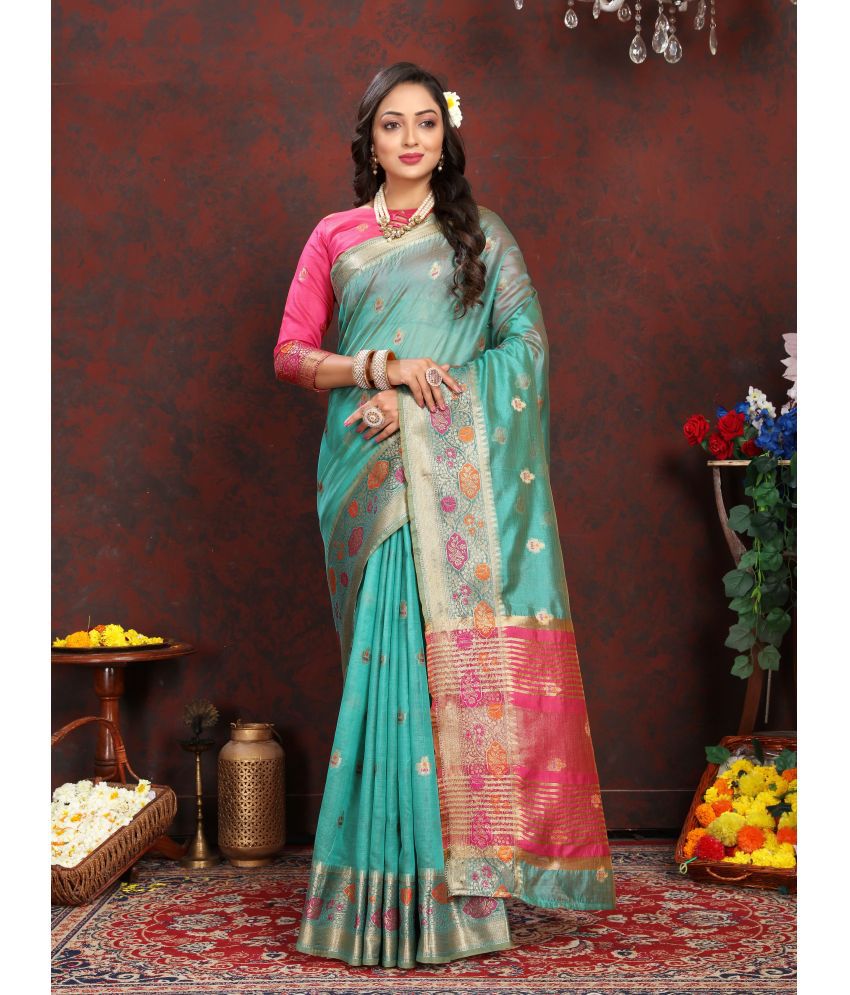     			OFLINE SELCTION Organza Woven Saree With Blouse Piece - SkyBlue ( Pack of 1 )