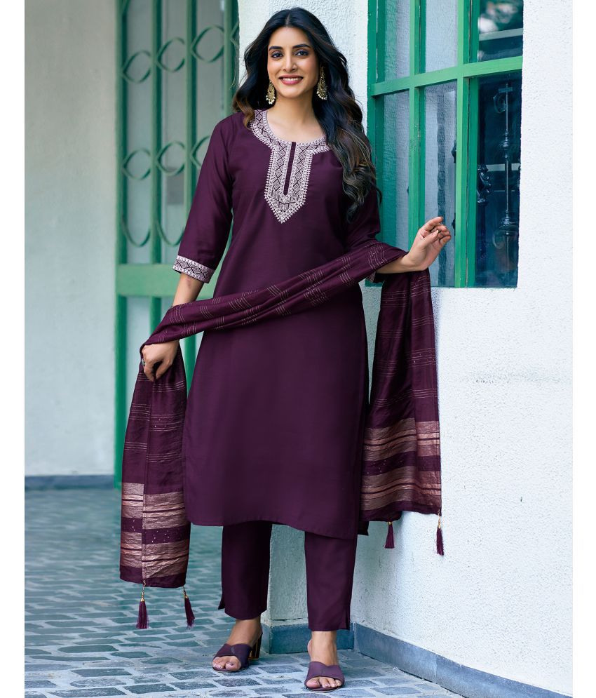     			Skylee Silk Blend Embroidered Kurti With Pants Women's Stitched Salwar Suit - Purple ( Pack of 1 )