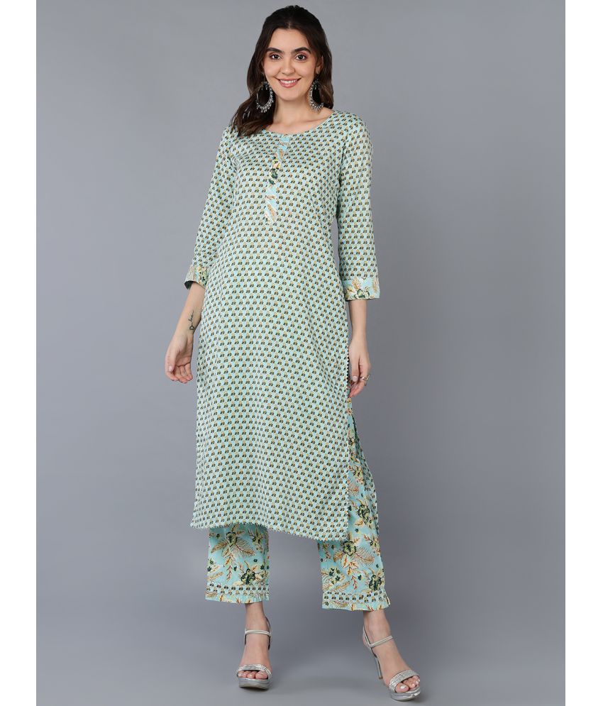     			Vaamsi Cotton Printed Kurti With Pants Women's Stitched Salwar Suit - Sea Green ( Pack of 1 )