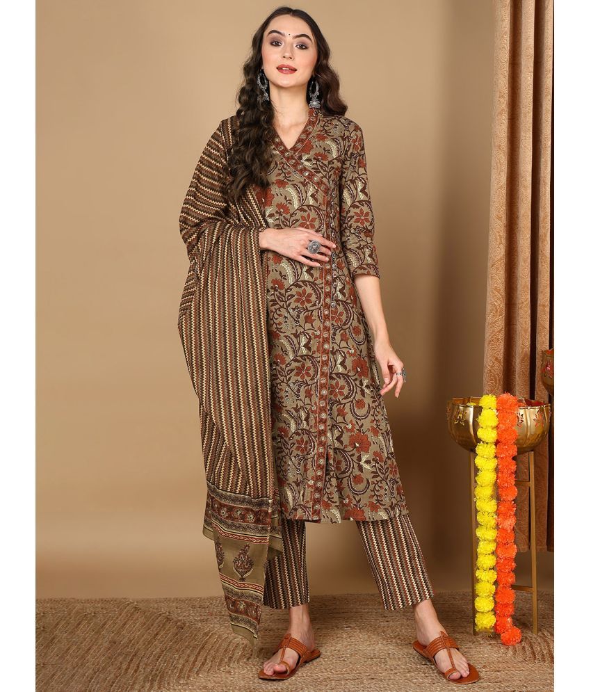     			Vaamsi Cotton Printed Kurti With Pants Women's Stitched Salwar Suit - Brown ( Pack of 1 )