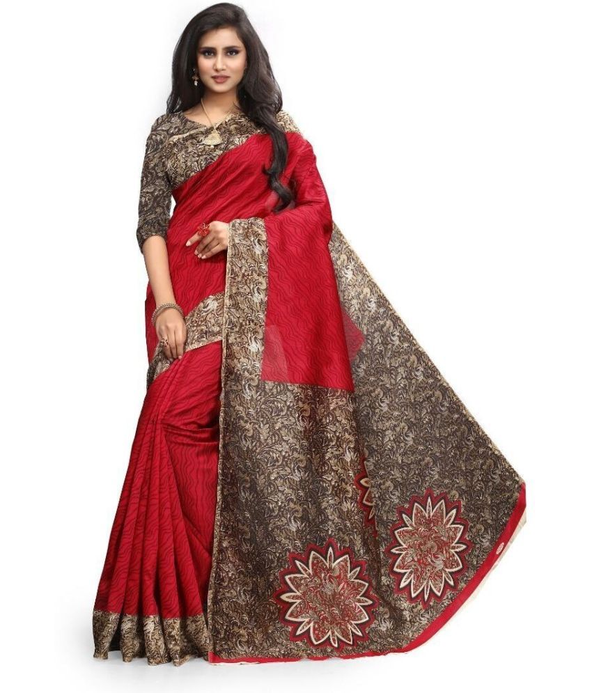     			Vkaran Cotton Silk Embellished Saree Without Blouse Piece - Red ( Pack of 1 )