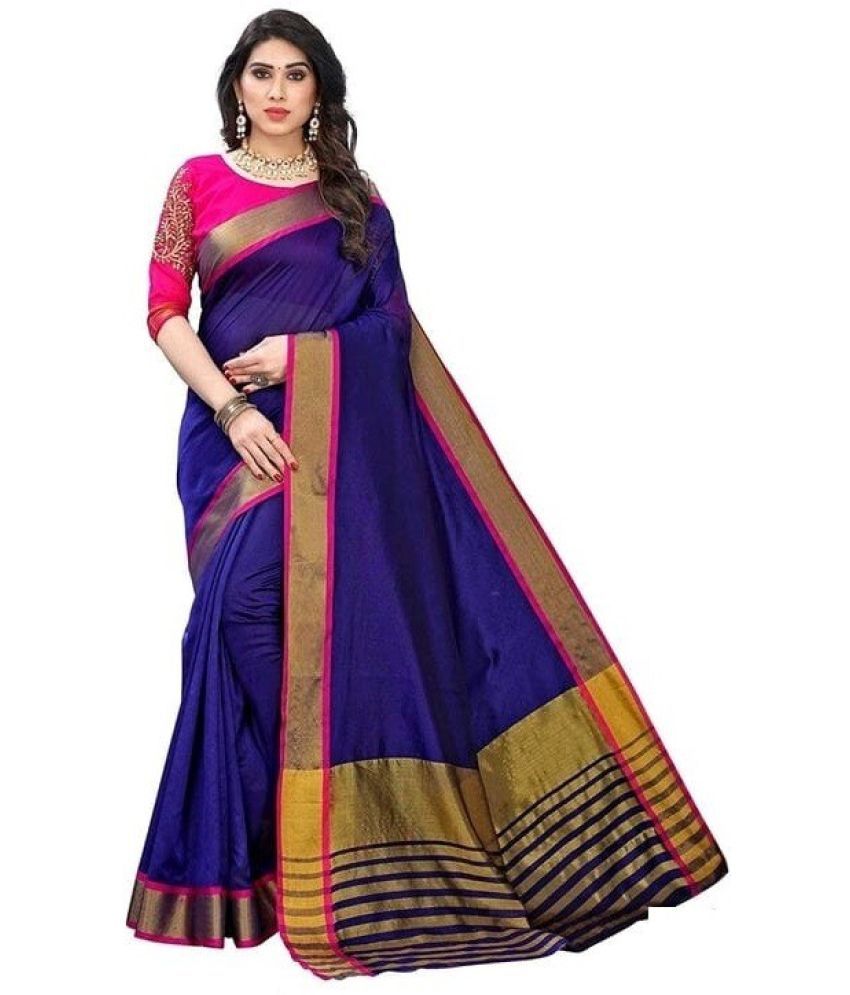     			Vkaran Cotton Silk Printed Saree Without Blouse Piece - Blue ( Pack of 1 )